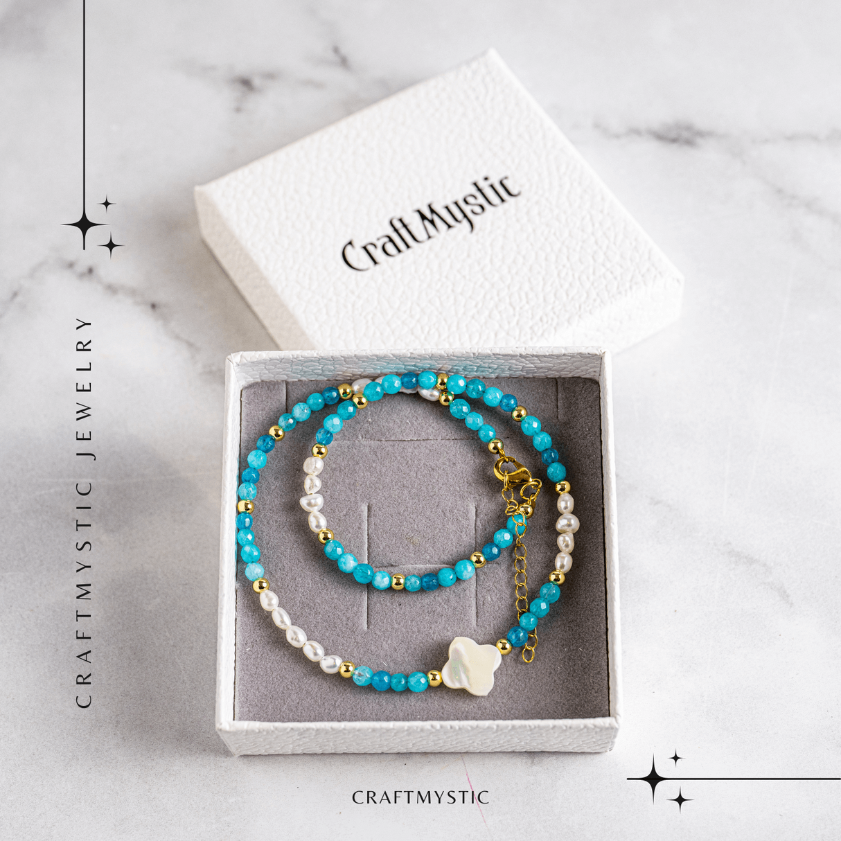 Colier tip choker cu pietre pentru pace interioara – Acvamarin, perle si simbol marin