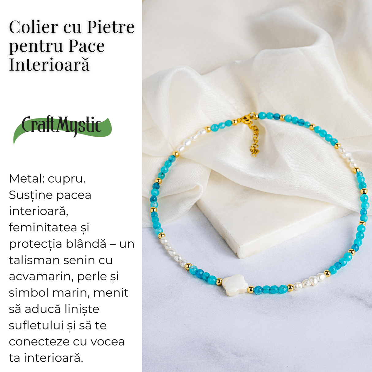 Colier tip choker cu pietre pentru pace interioara – Acvamarin, perle si simbol marin