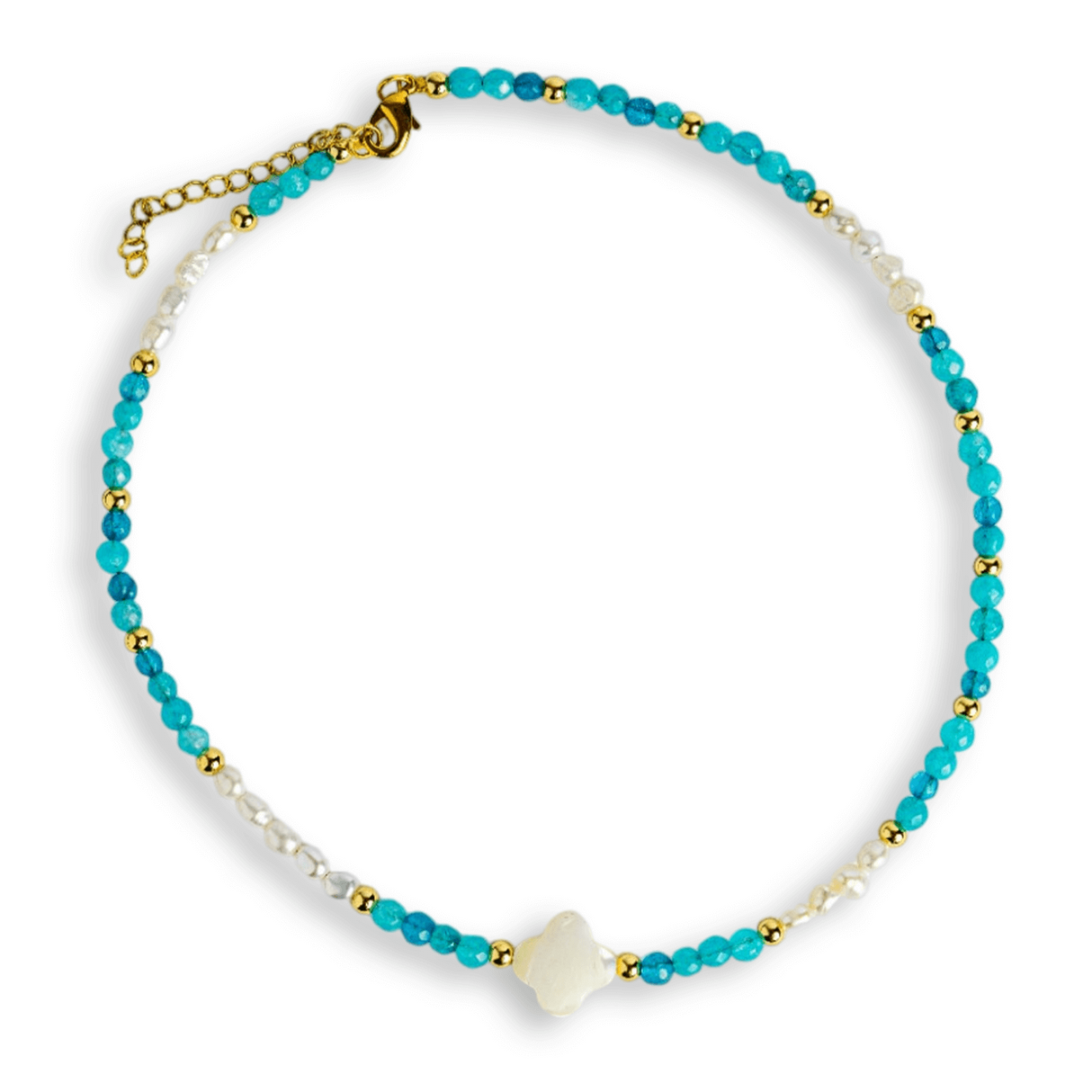 Colier tip choker cu pietre pentru pace interioara – Acvamarin, perle si simbol marin