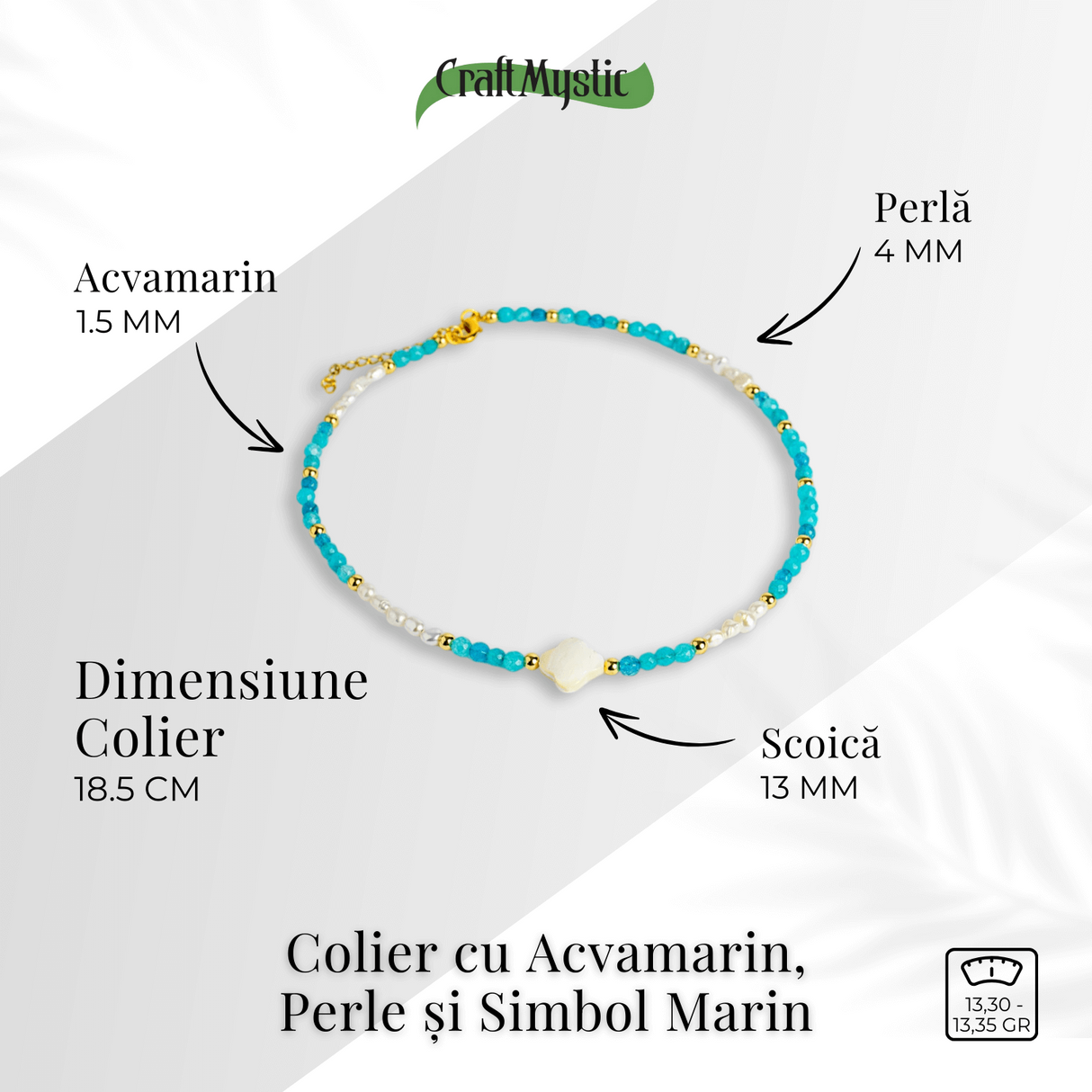Colier tip choker cu pietre pentru pace interioara – Acvamarin, perle si simbol marin