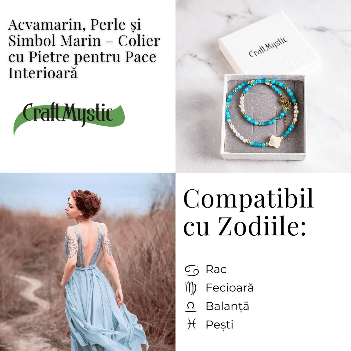 Colier tip choker cu pietre pentru pace interioara – Acvamarin, perle si simbol marin