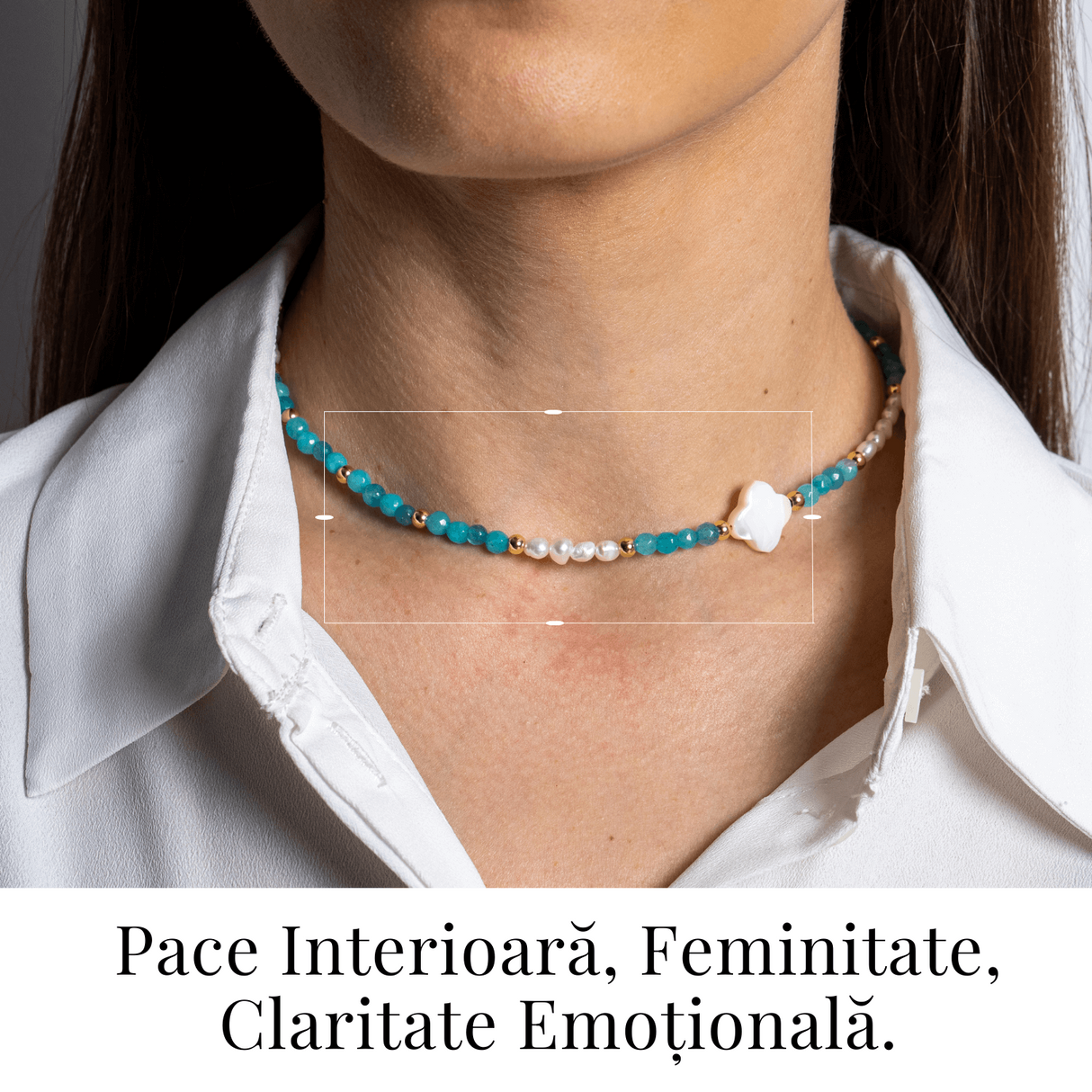 Colier tip choker cu pietre pentru pace interioara – Acvamarin, perle si simbol marin