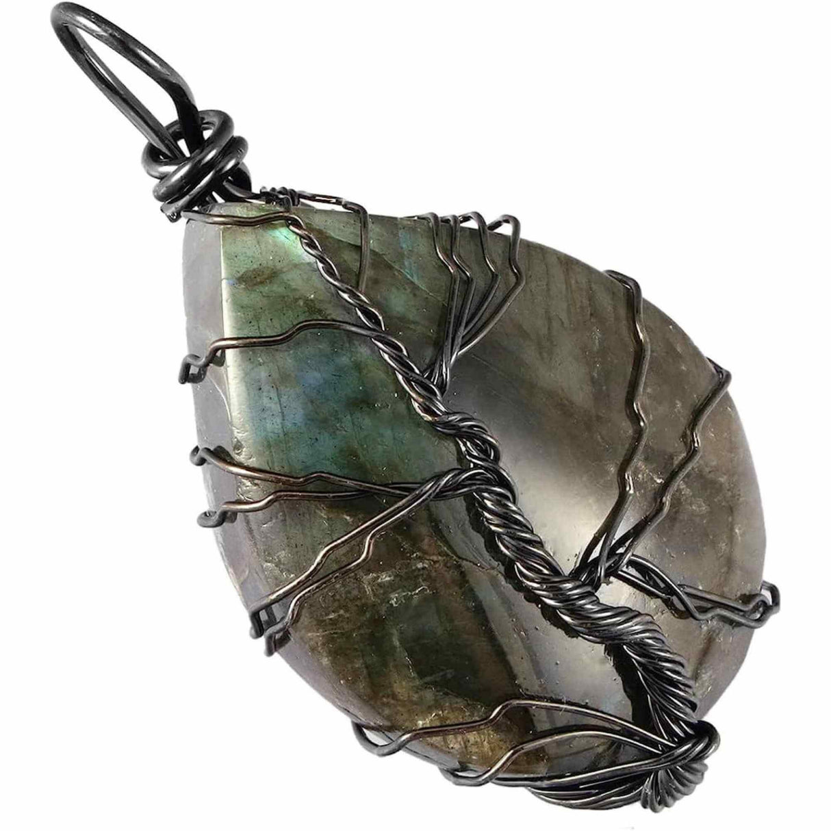 Colier cu pandantiv din labradorit natural pentru barbati si femei - Cristal neregulat lucrat manual, invelit cu sarma model arborele vietii - O piatra semipretioasa pentru meditatie, intuitie, imaginatie