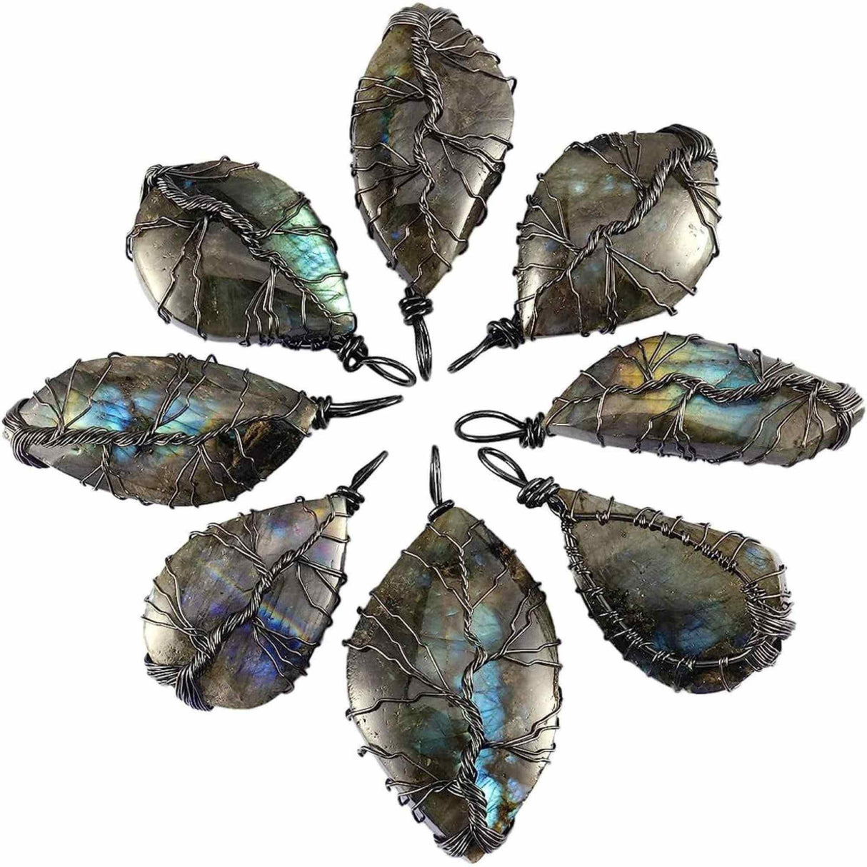 Colier cu pandantiv din labradorit natural pentru barbati si femei - Cristal neregulat lucrat manual, invelit cu sarma model arborele vietii - O piatra semipretioasa pentru meditatie, intuitie, imagin