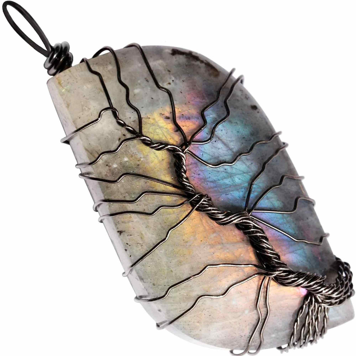 Colier cu pandantiv din labradorit natural pentru barbati si femei - Cristal neregulat lucrat manual, invelit cu sarma model arborele vietii - O piatra semipretioasa pentru meditatie, intuitie, imagin