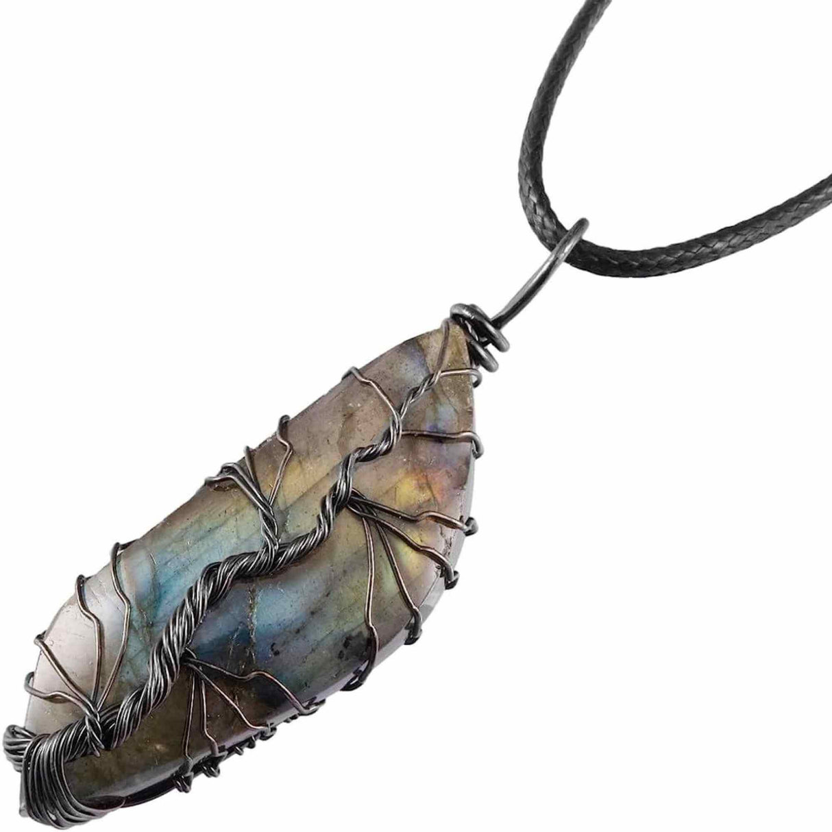 Colier cu pandantiv din labradorit natural pentru barbati si femei - Cristal neregulat lucrat manual, invelit cu sarma model arborele vietii - O piatra semipretioasa pentru meditatie, intuitie, imagin