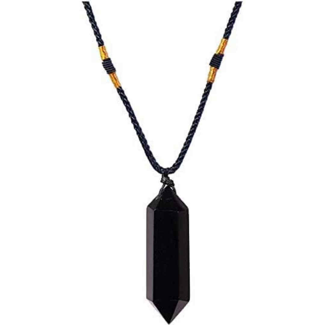 Colier cu cristal vindecator Obsidian 4-5 cm, in forma hexagonala cu dublu varf si saculet satin negru – pentru protectie, vointa si noroc