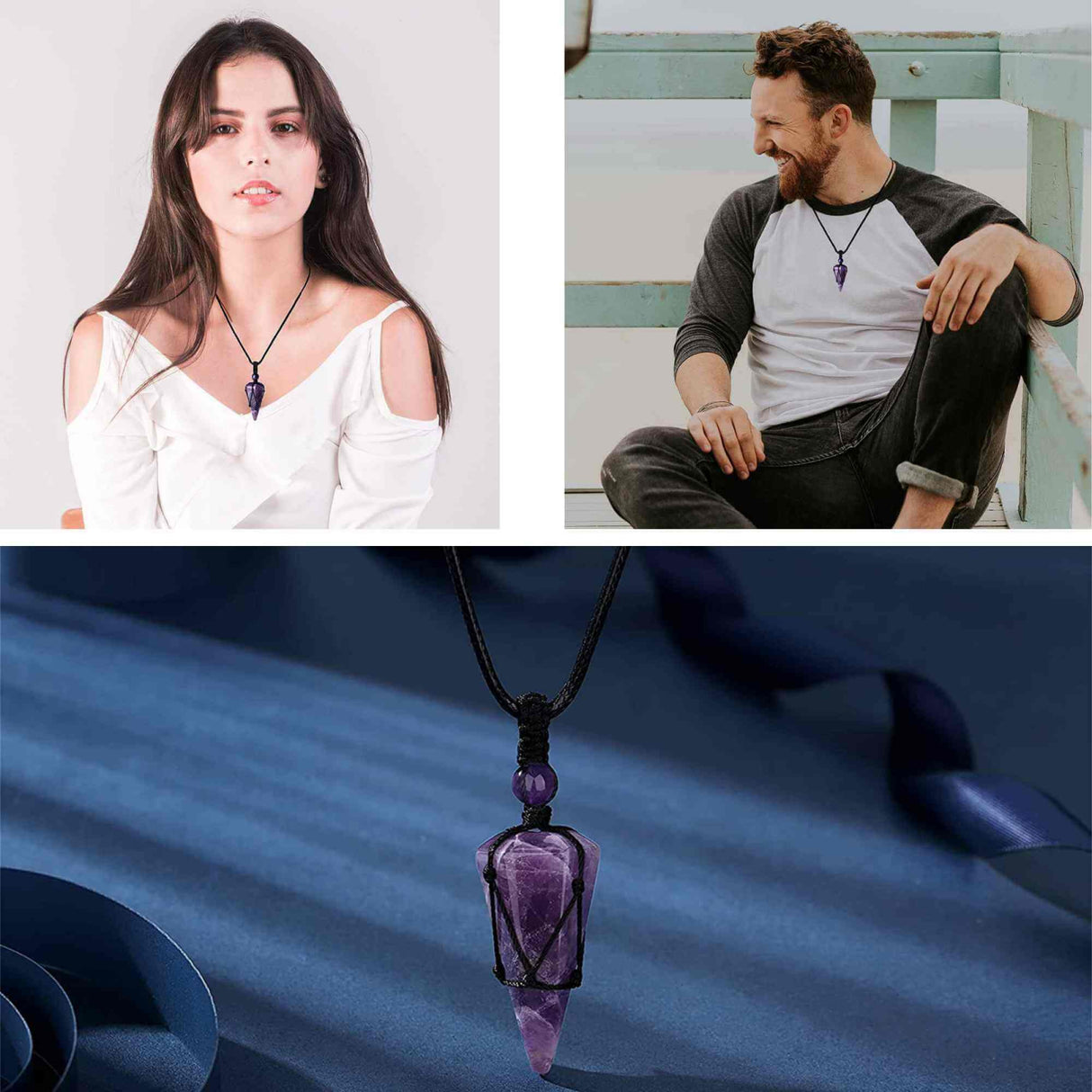 Colier cu cristal vindecator Ametist, cu 6 fatete si franghia impletita – pentru pace interioara, calm si reducerea stresului