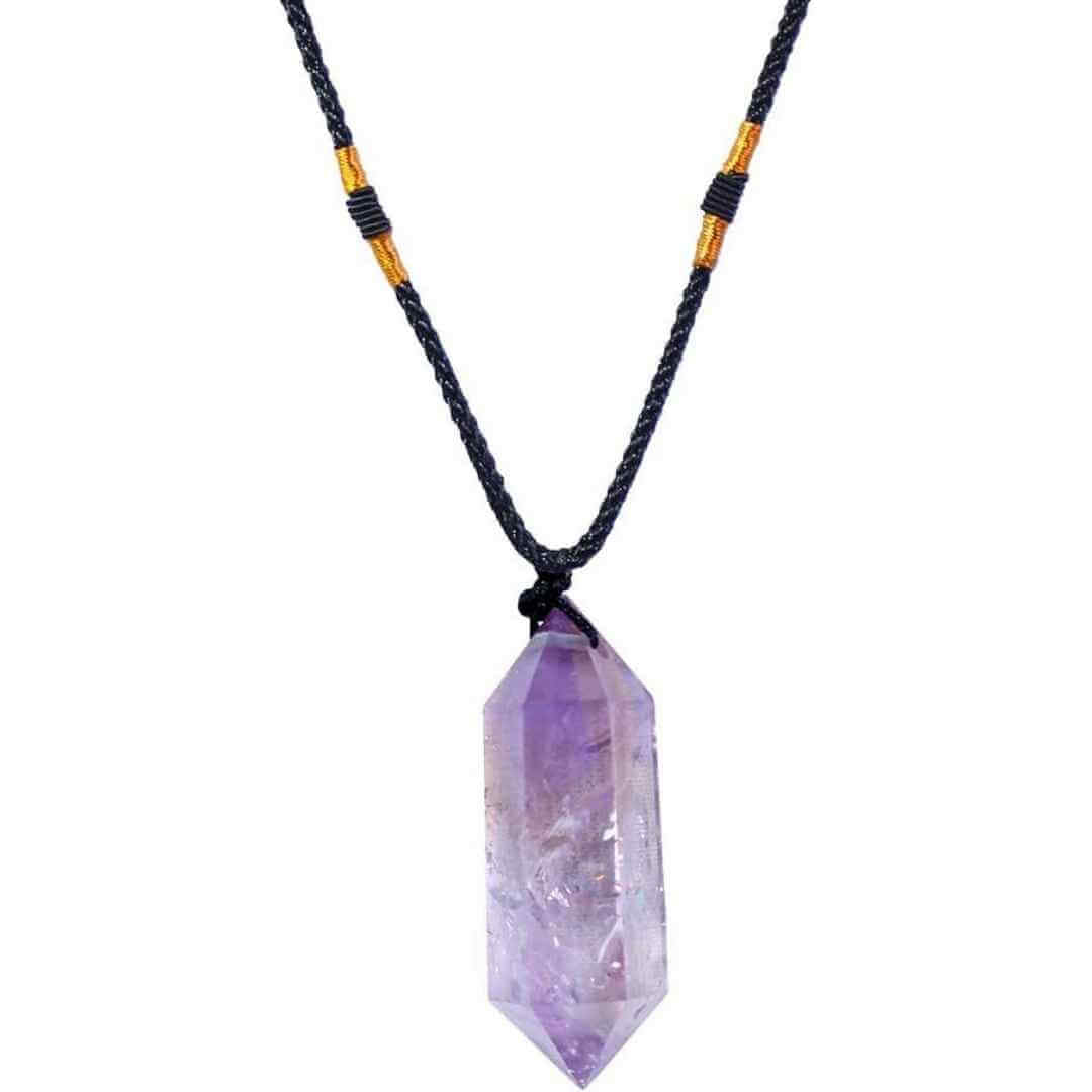 Colier cu cristal vindecator Obsidian 4-5 cm, in forma hexagonala cu dublu varf si saculet satin negru – pentru protectie, vointa si noroc