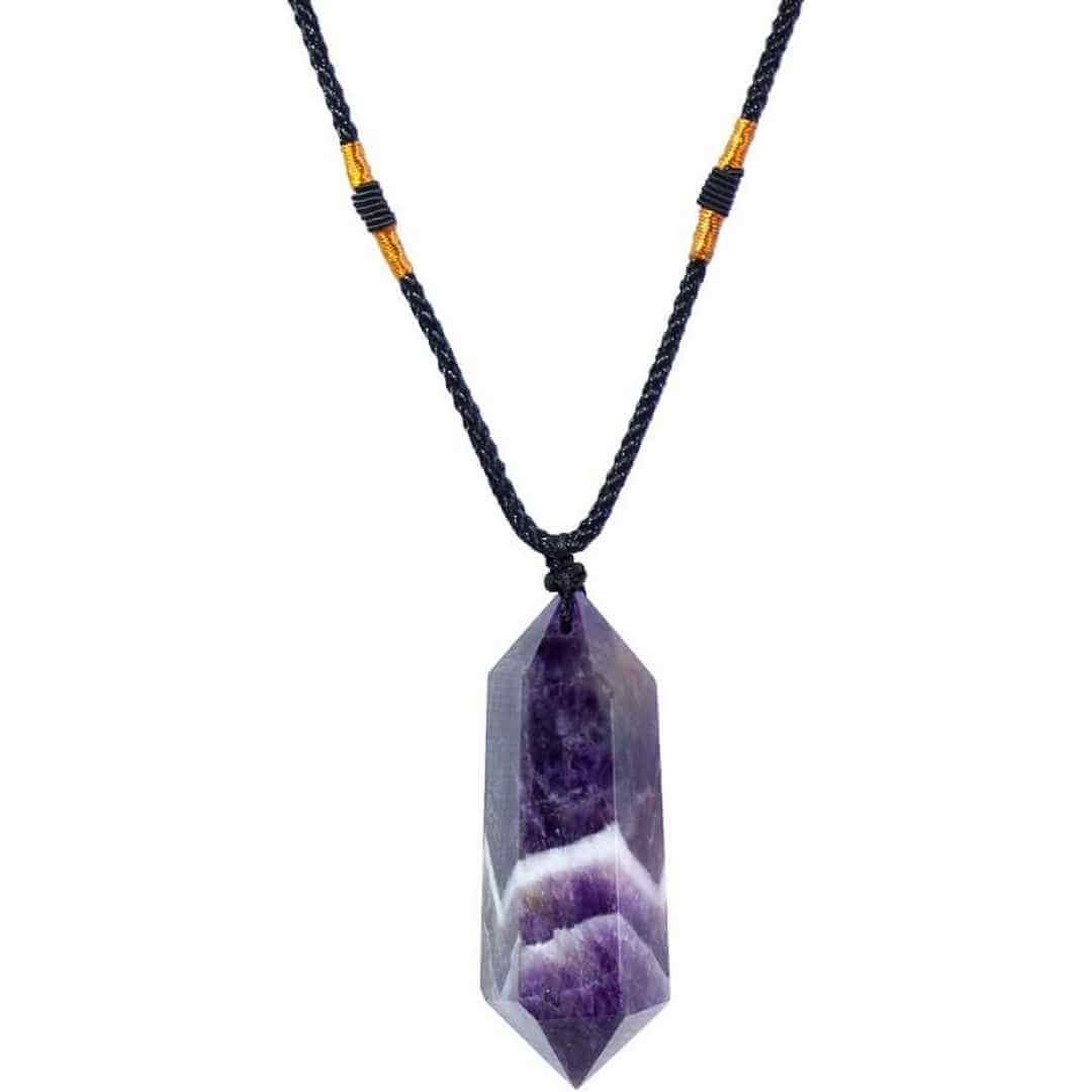 Colier cu cristal vindecator Obsidian 4-5 cm, in forma hexagonala cu dublu varf si saculet satin negru – pentru protectie, vointa si noroc