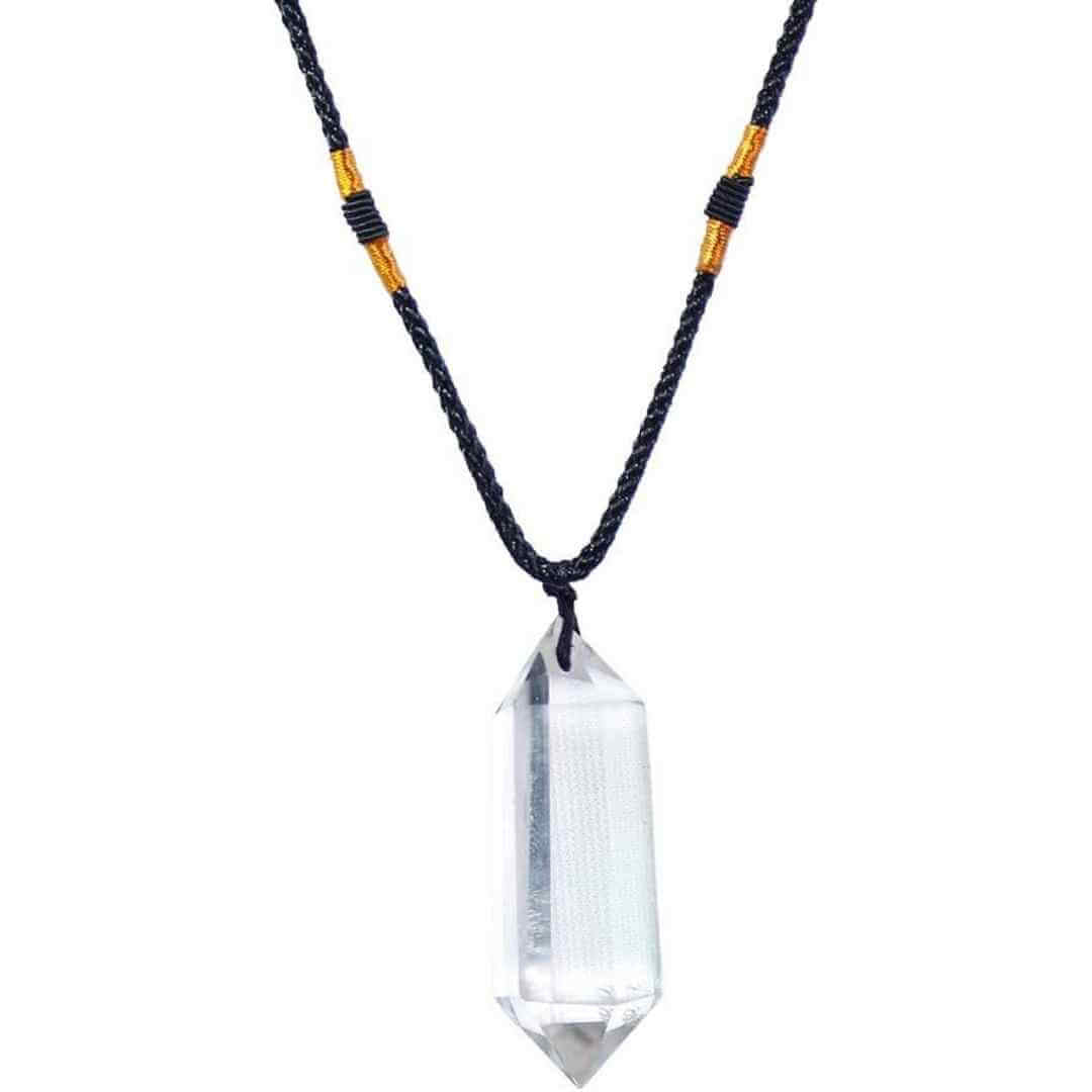 Colier cu cristal vindecator Obsidian 4-5 cm, in forma hexagonala cu dublu varf si saculet satin negru – pentru protectie, vointa si noroc