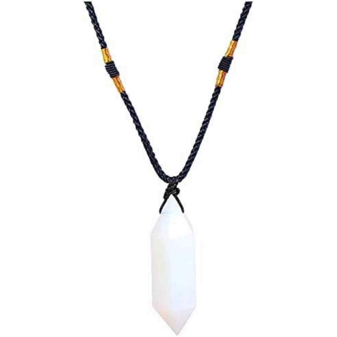 Colier cu cristal vindecator Obsidian 4-5 cm, in forma hexagonala cu dublu varf si saculet satin negru – pentru protectie, vointa si noroc