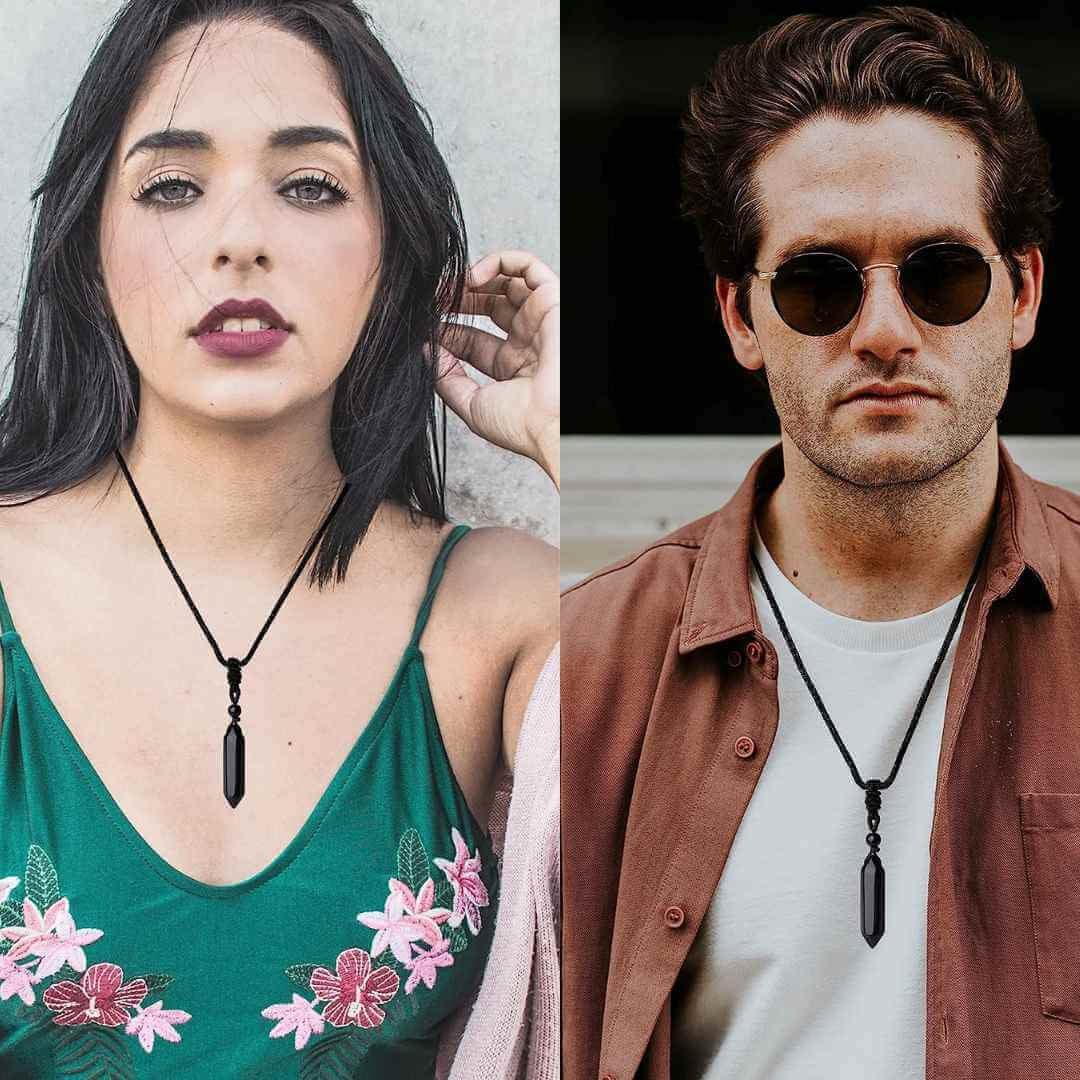 Colier cu cristal vindecator Obsidian Negru, in forma hexagonala cu dublu varf si franghie neagra ajustabila – pentru protectie, stabilitate si armonie