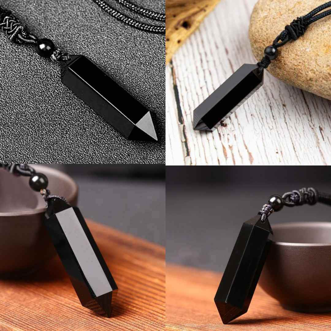 Colier cu cristal vindecator Obsidian Negru, in forma hexagonala cu dublu varf si franghie neagra ajustabila – pentru protectie, stabilitate si armonie