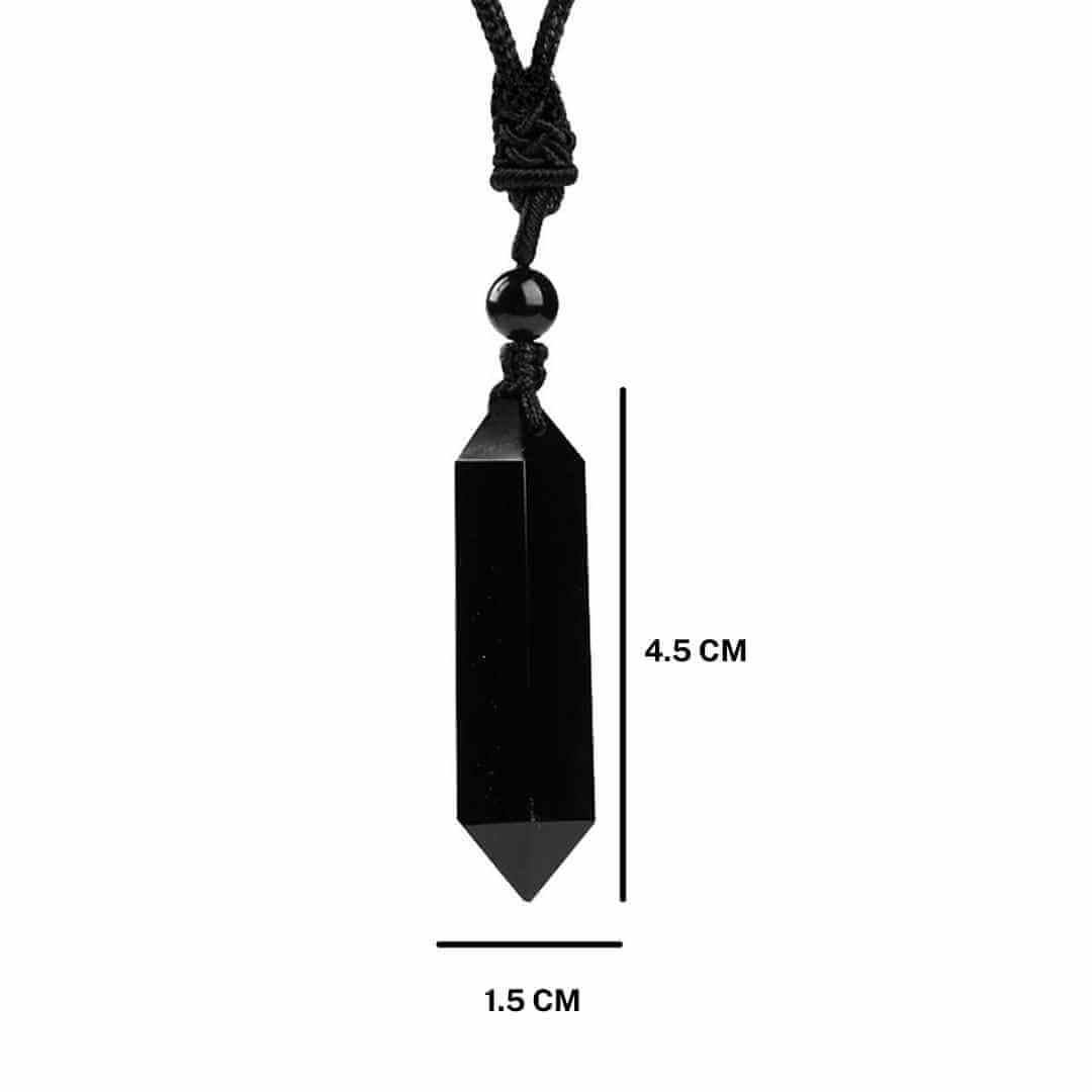 Colier cu cristal vindecator Obsidian Negru, in forma hexagonala cu dublu varf si franghie neagra ajustabila – pentru protectie, stabilitate si armonie