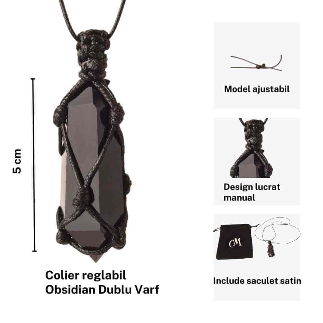 Colier cu cristal vindecator Obsidian Negru, in forma hexagonala dublu varf, infasurat intr-o plasa de franghie neagra ajustabila – pentru protectie, stabilitate si armonie