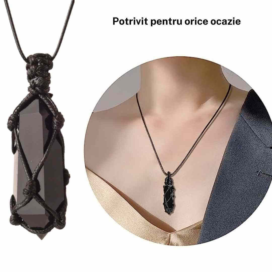 Colier cu cristal vindecator Obsidian Negru, in forma hexagonala dublu varf, infasurat intr-o plasa de franghie neagra ajustabila – pentru protectie, stabilitate si armonie
