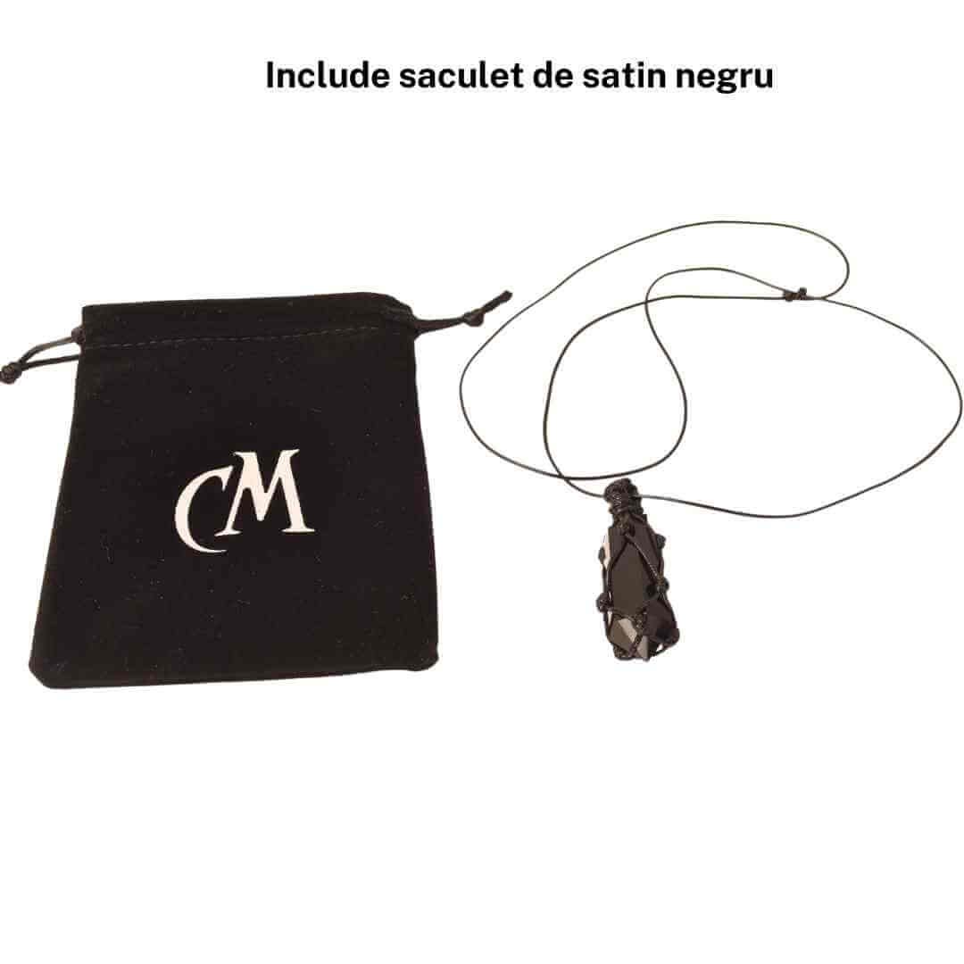 Colier cu cristal vindecator Obsidian Negru, in forma hexagonala dublu varf, infasurat intr-o plasa de franghie neagra ajustabila – pentru protectie, stabilitate si armonie