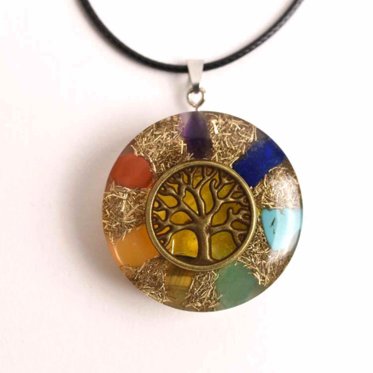 Colier cu pandantiv 35mm cu energie Orgonica cu Arborele Vietii cuprat si pietre naturale pentru cele sapte chakre