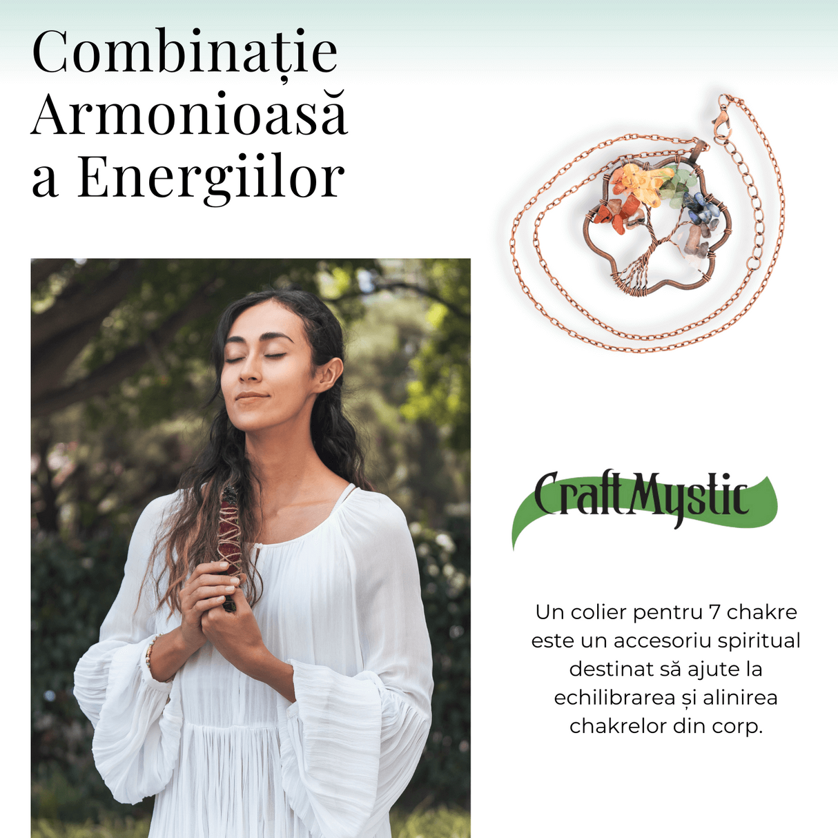 Colier cu pandantiv arborele vietii - Realizat manual cu pietre semipretioase sparte si cristale vindecatoare a celor 7 chakre