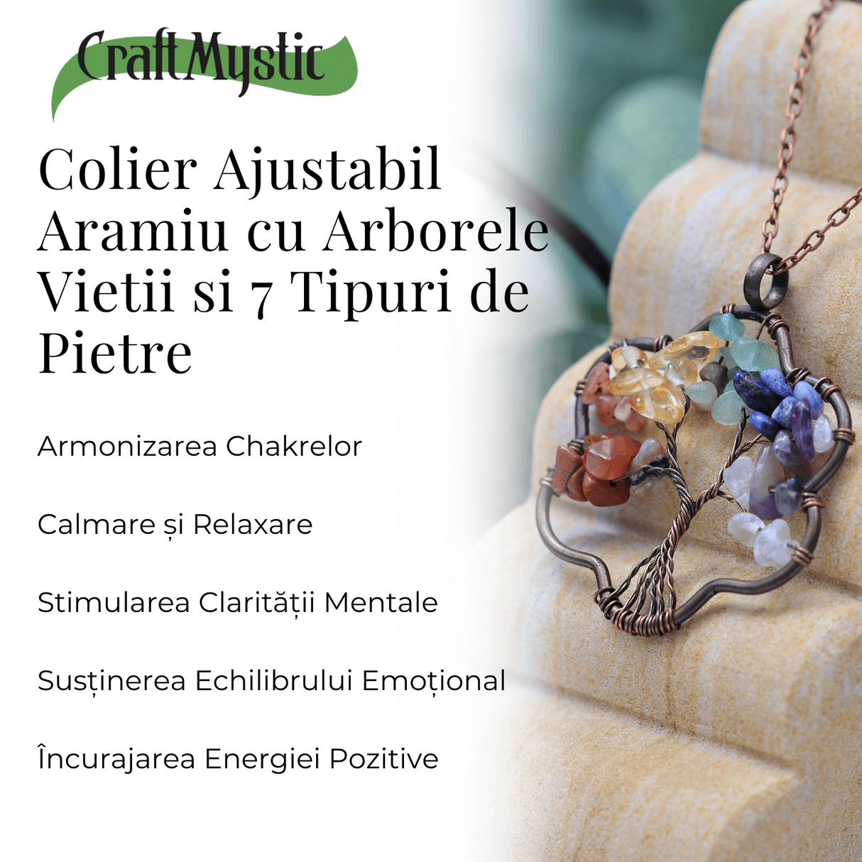 Colier cu pandantiv arborele vietii - Realizat manual cu pietre semipretioase sparte si cristale vindecatoare a celor 7 chakre