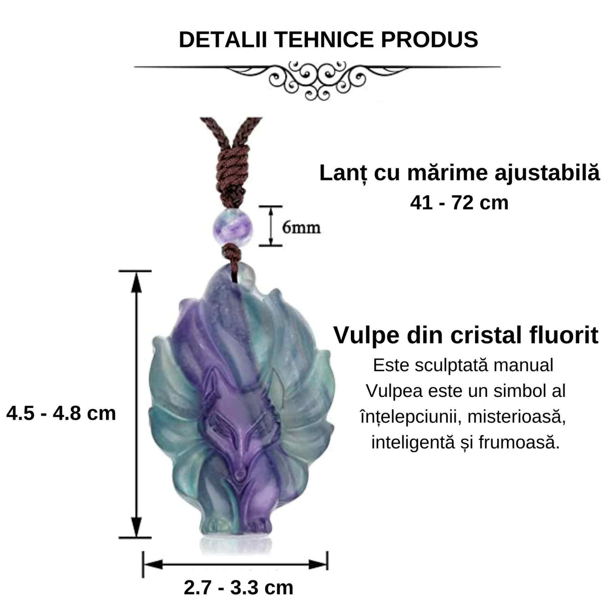 Colier cu pandantiv chip de vulpe din cristal vindecator Flourit – semnificatia pandantivului: intelepciune, frumusete, inteligenta, adaptabilitate si oportunitate