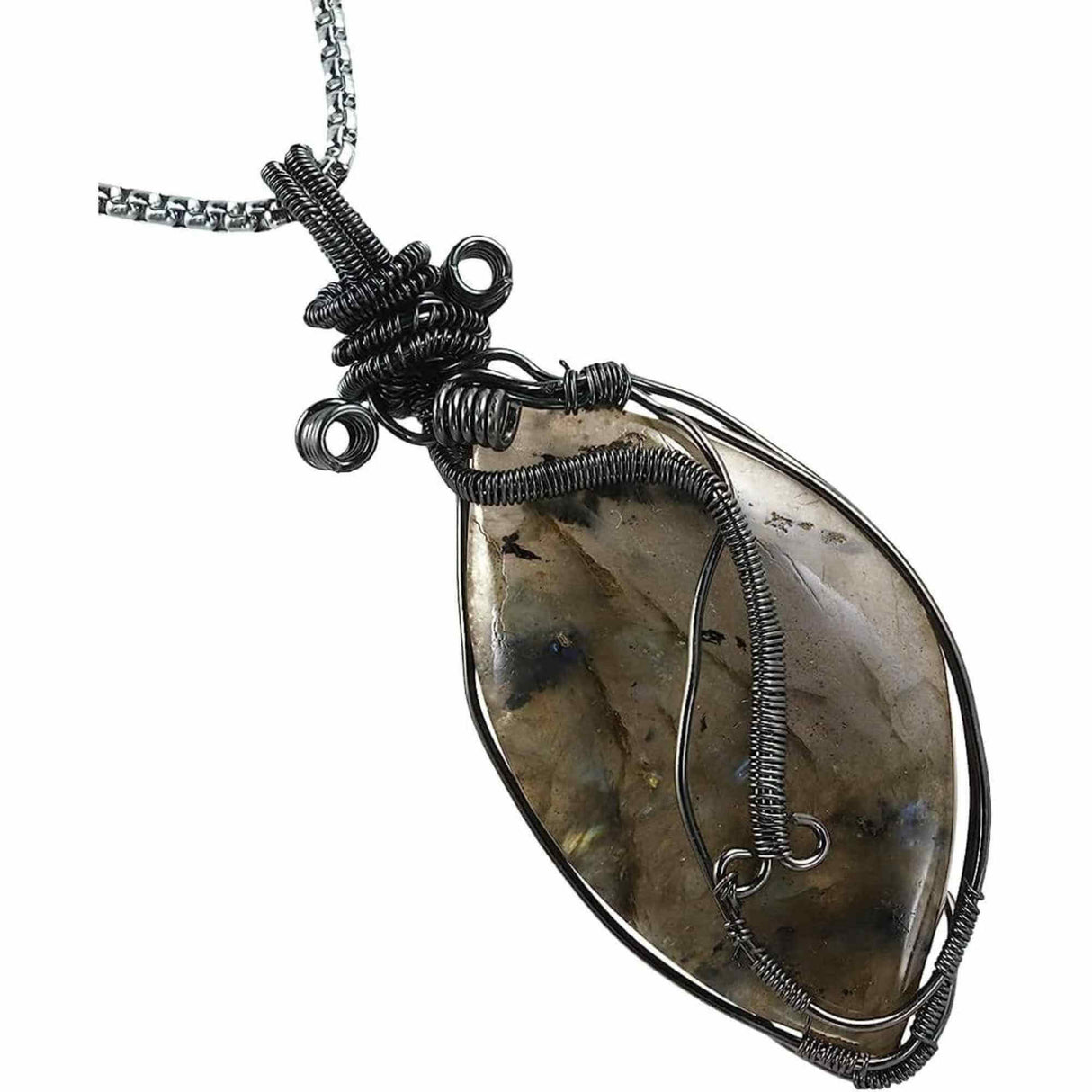 Colier cu pandantiv din labradorit natural pentru barbati si femei - Cristal neregulat lucrat manual, invelit cu sarma model neregulat - O piatra semipretioasa pentru meditatie, intuitie, imagin