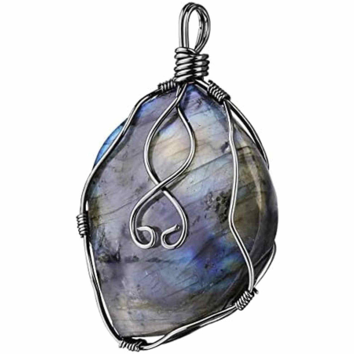 Colier cu pandantiv din labradorit natural pentru barbati si femei - Cristal neregulat lucrat manual, invelit cu sarma in model neregulat - O piatra semipretioasa pentru meditatie, intuitie si imagina