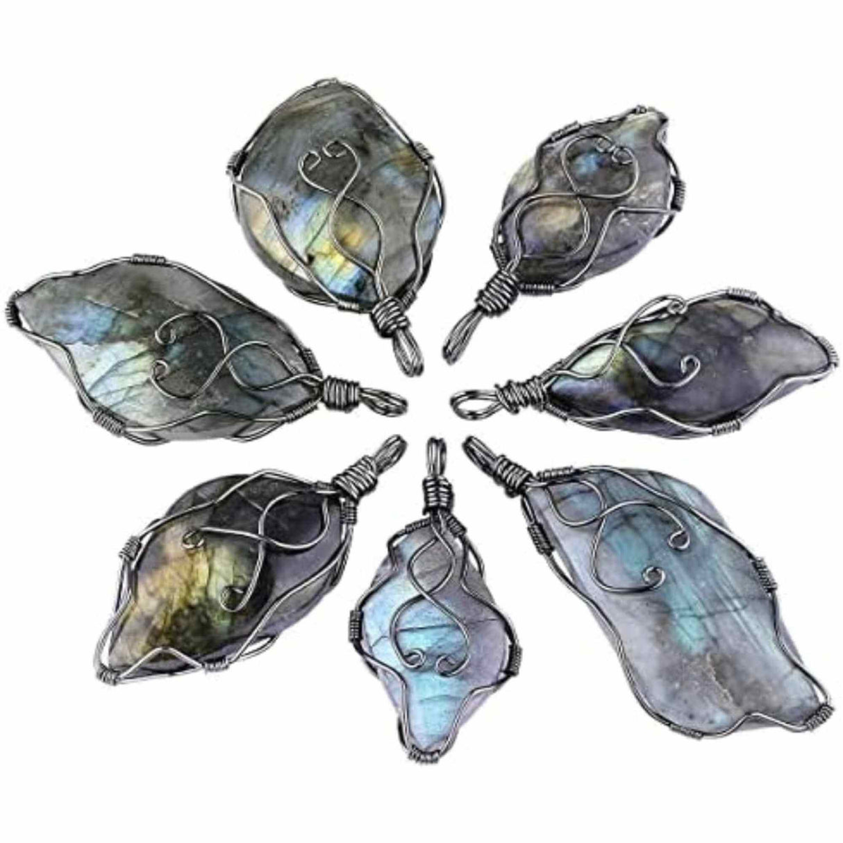 Colier cu pandantiv din labradorit natural pentru barbati si femei - Cristal neregulat lucrat manual, invelit cu sarma in model neregulat - O piatra semipretioasa pentru meditatie, intuitie si imagina