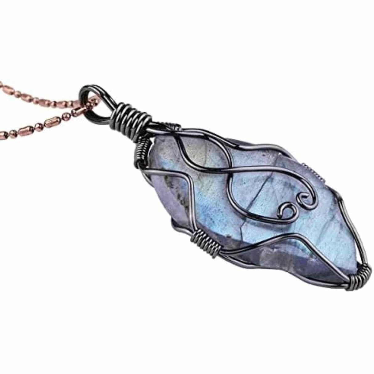 Colier cu pandantiv din labradorit natural pentru barbati si femei - Cristal neregulat lucrat manual, invelit cu sarma in model neregulat - O piatra semipretioasa pentru meditatie, intuitie si imaginatie
