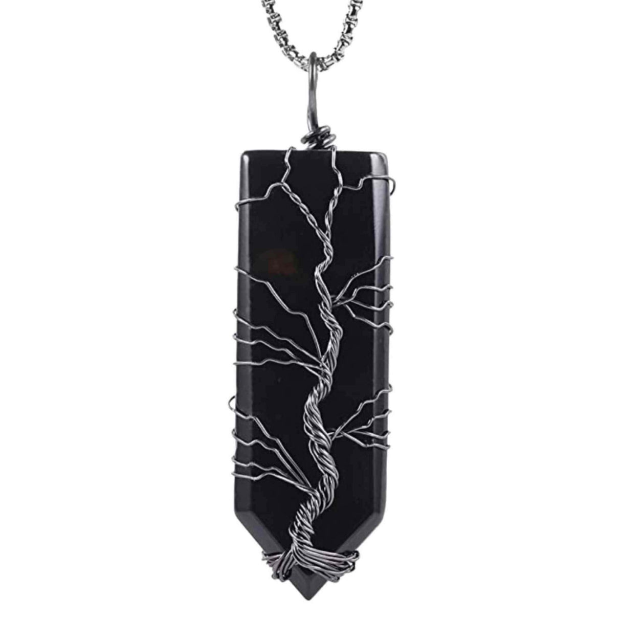 Colier cu pandantiv hexagonal din cristal obsidian - Realizat manual, infasurat intr-o sarma de cupru argintie, dandu-i o forma perfecta