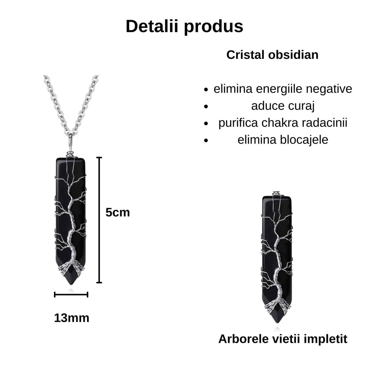 Colier cu pandantiv hexagonal din cristal obsidian - Realizat manual, infasurat intr-o sarma de cupru argintie, dandu-i o forma perfecta