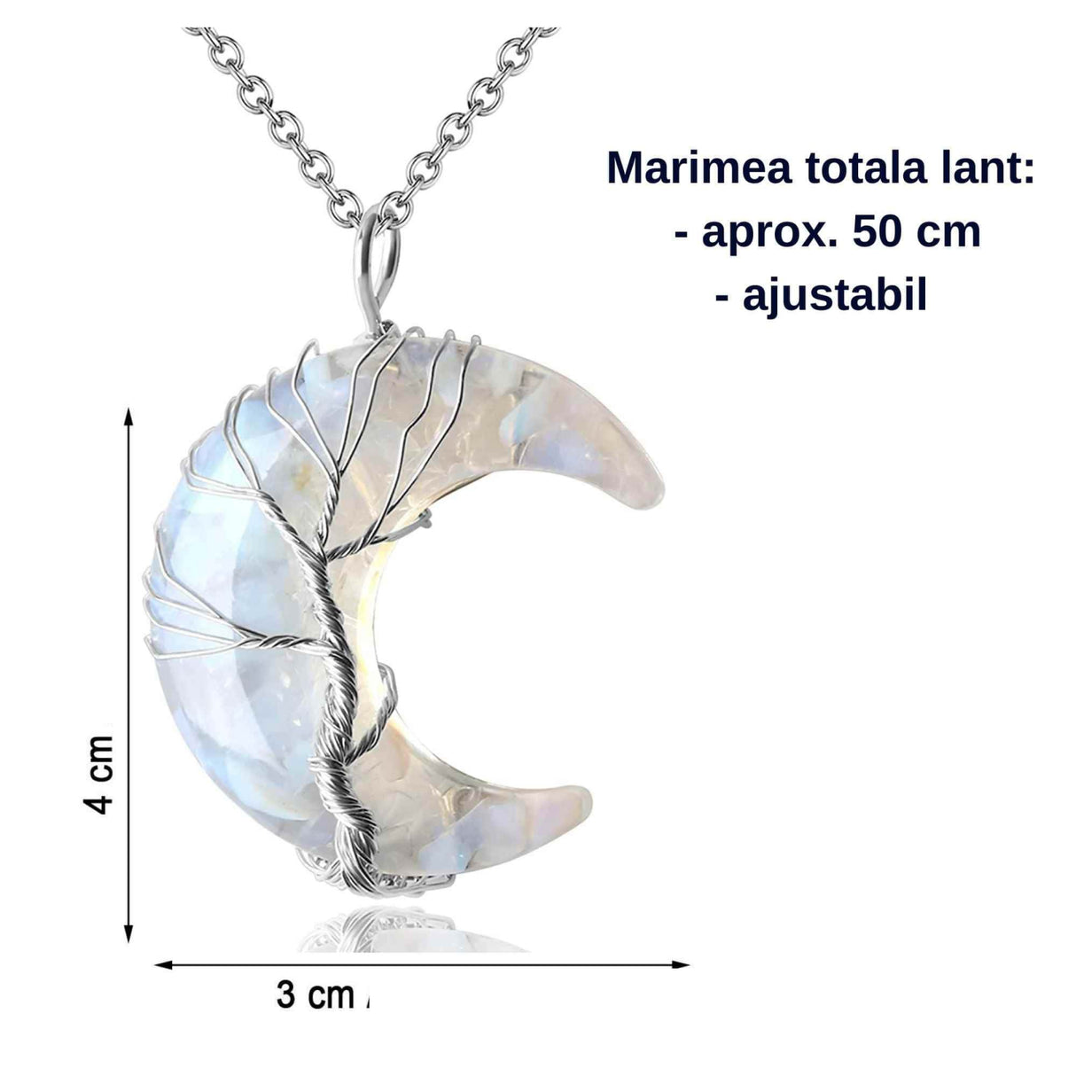 Colier cu pandantiv model semiluna cu arborele vietii - Realizat din piatra de cristal transparent si rasina naturala