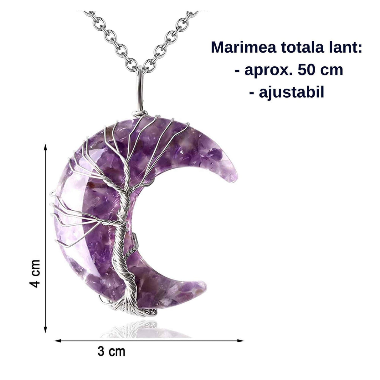 Colier cu pandantiv model semiluna si arborele vietii cu cristal ametist si rasina naturala