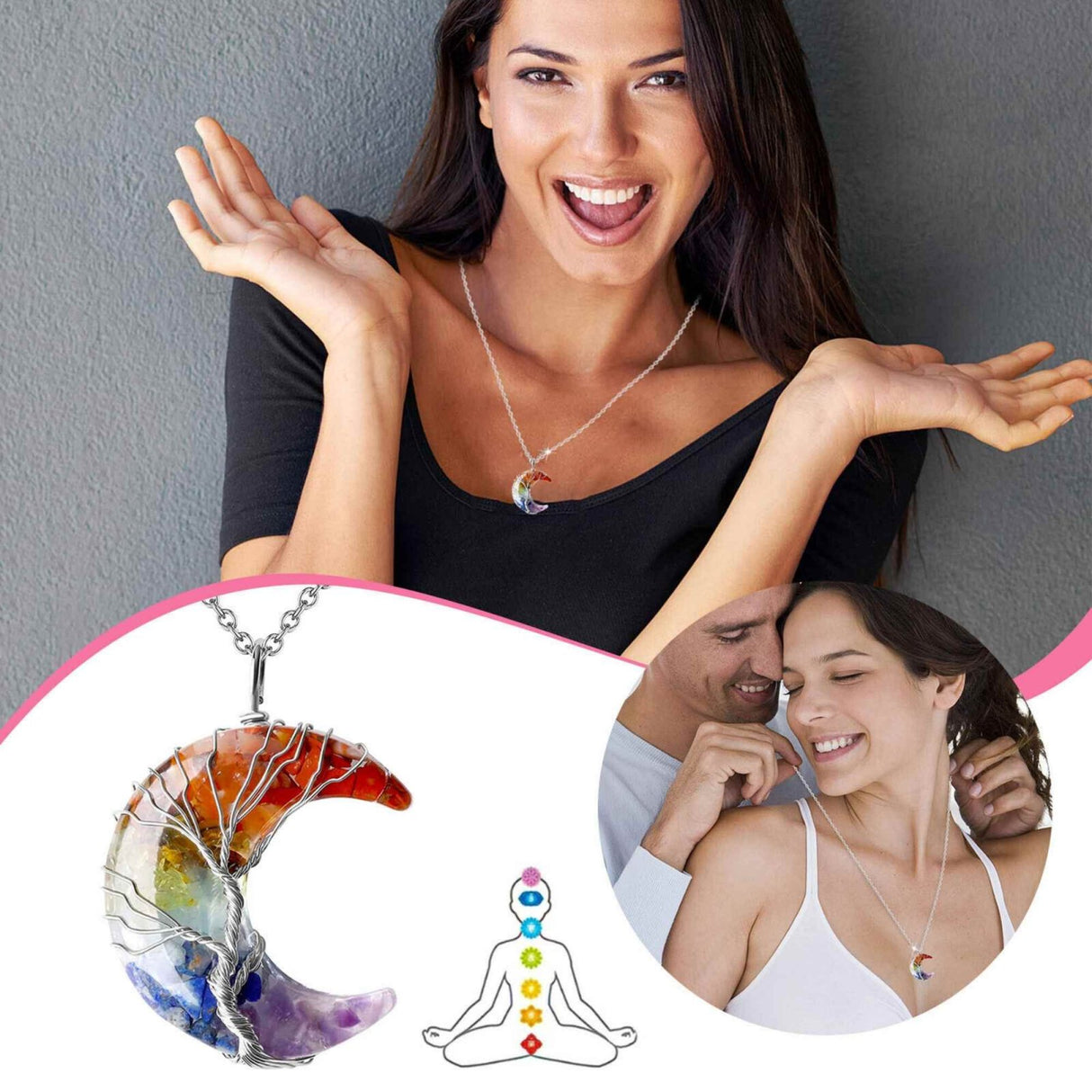 Colier cu pandantiv model semiluna si arborele vietii - Realizat din piatra de cristal polisat cu 7 chakre si rasina naturala