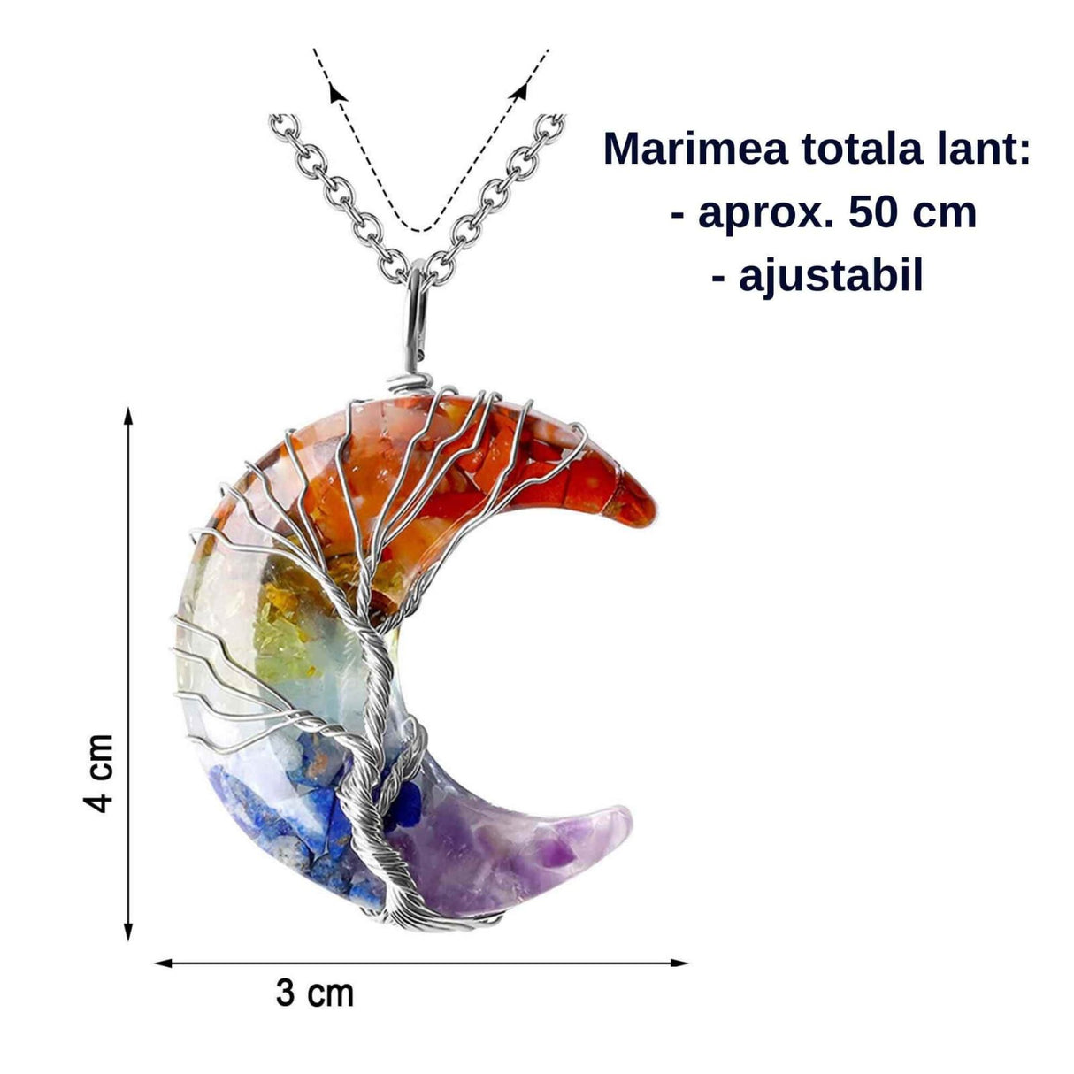 Colier cu pandantiv model semiluna si arborele vietii - Realizat din piatra de cristal polisat cu 7 chakre si rasina naturala