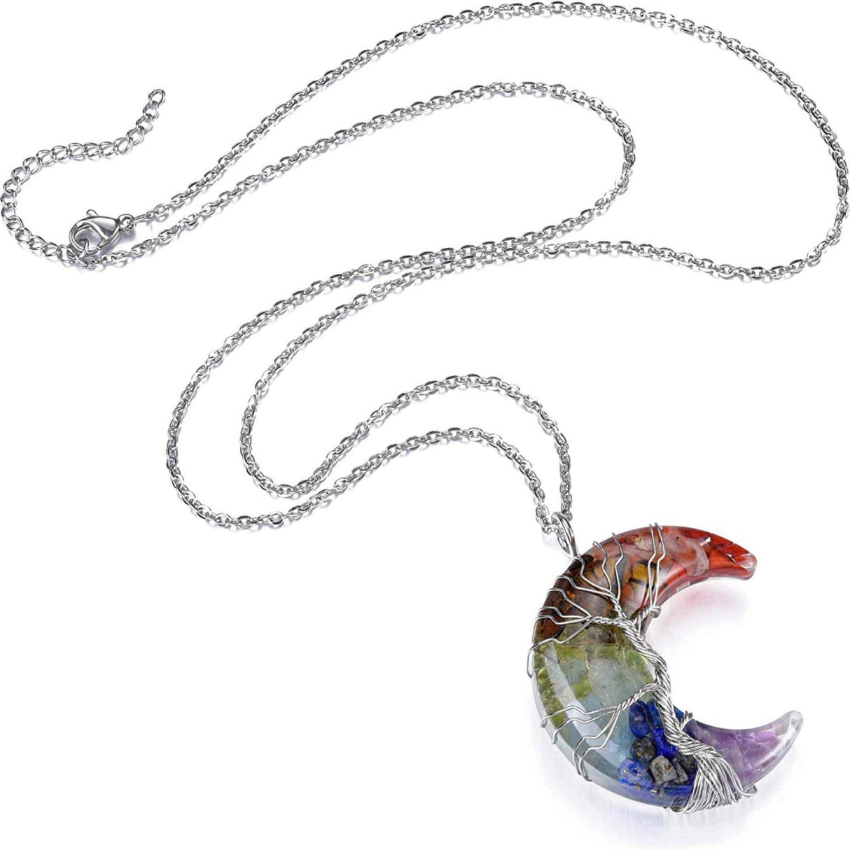 Colier cu pandantiv model semiluna si arborele vietii - Realizat din piatra de cristal polisat cu 7 chakre si rasina naturala
