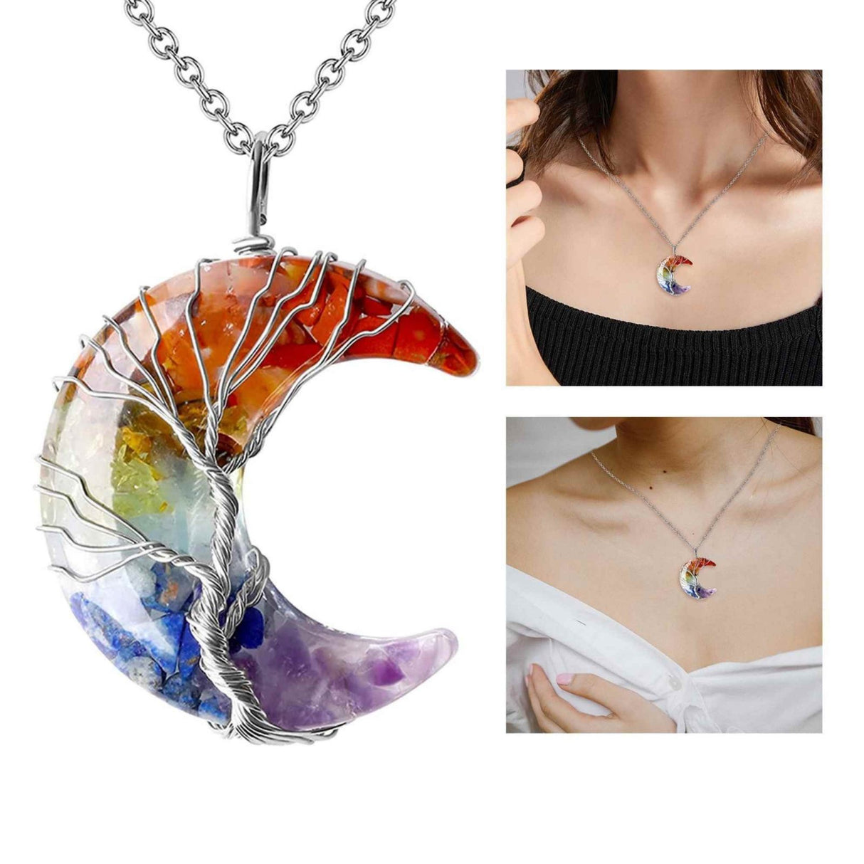 Colier cu pandantiv model semiluna si arborele vietii - Realizat din piatra de cristal polisat cu 7 chakre si rasina naturala