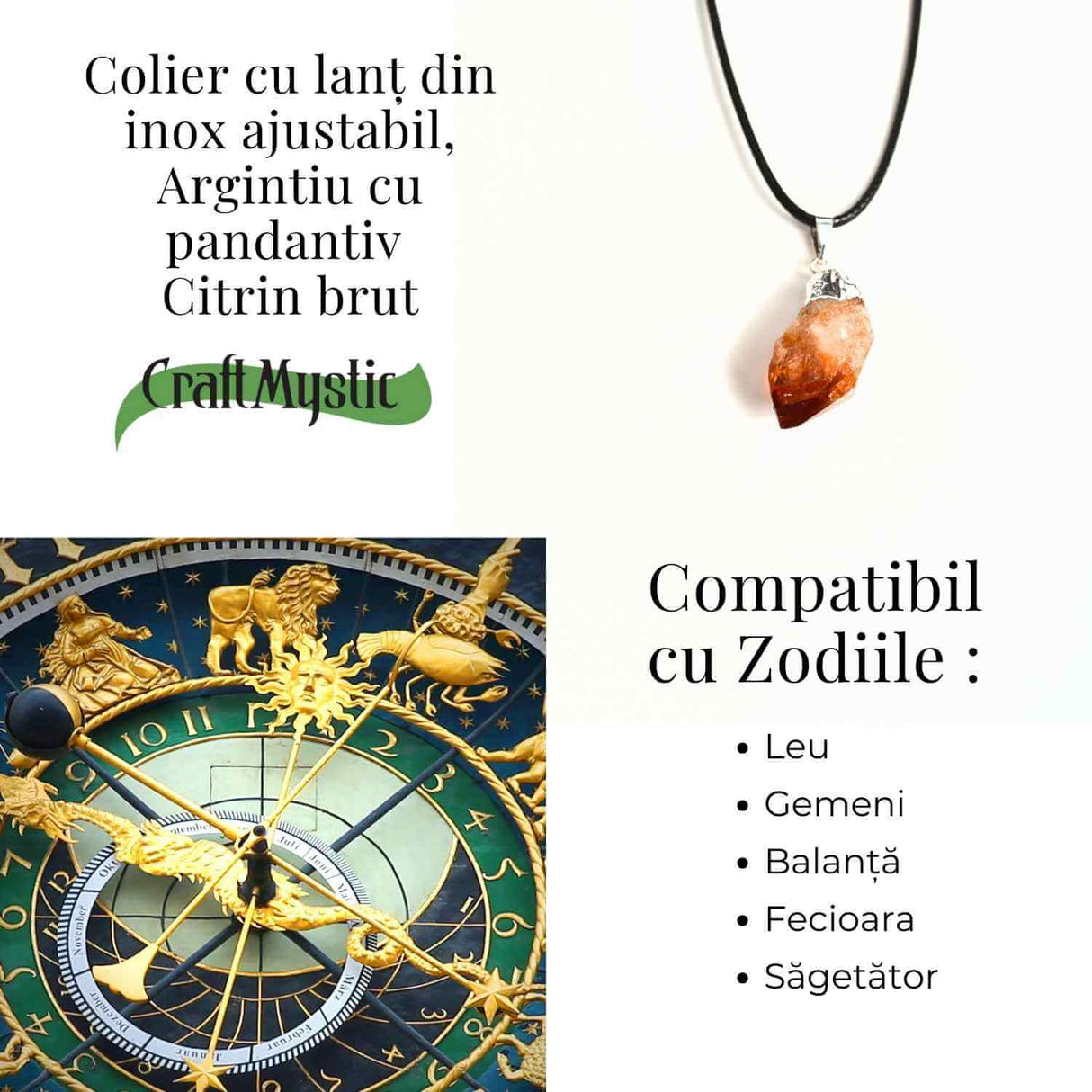 Colier cu pandantiv varf Citrin argintiu – Energie si Prosperitate