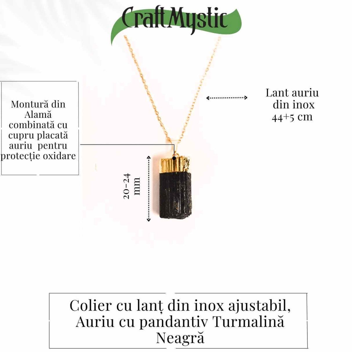 Colier auriu cu pandantiv si Turmalina Neagra cu lant inox – Protectie si Eleganta Naturala