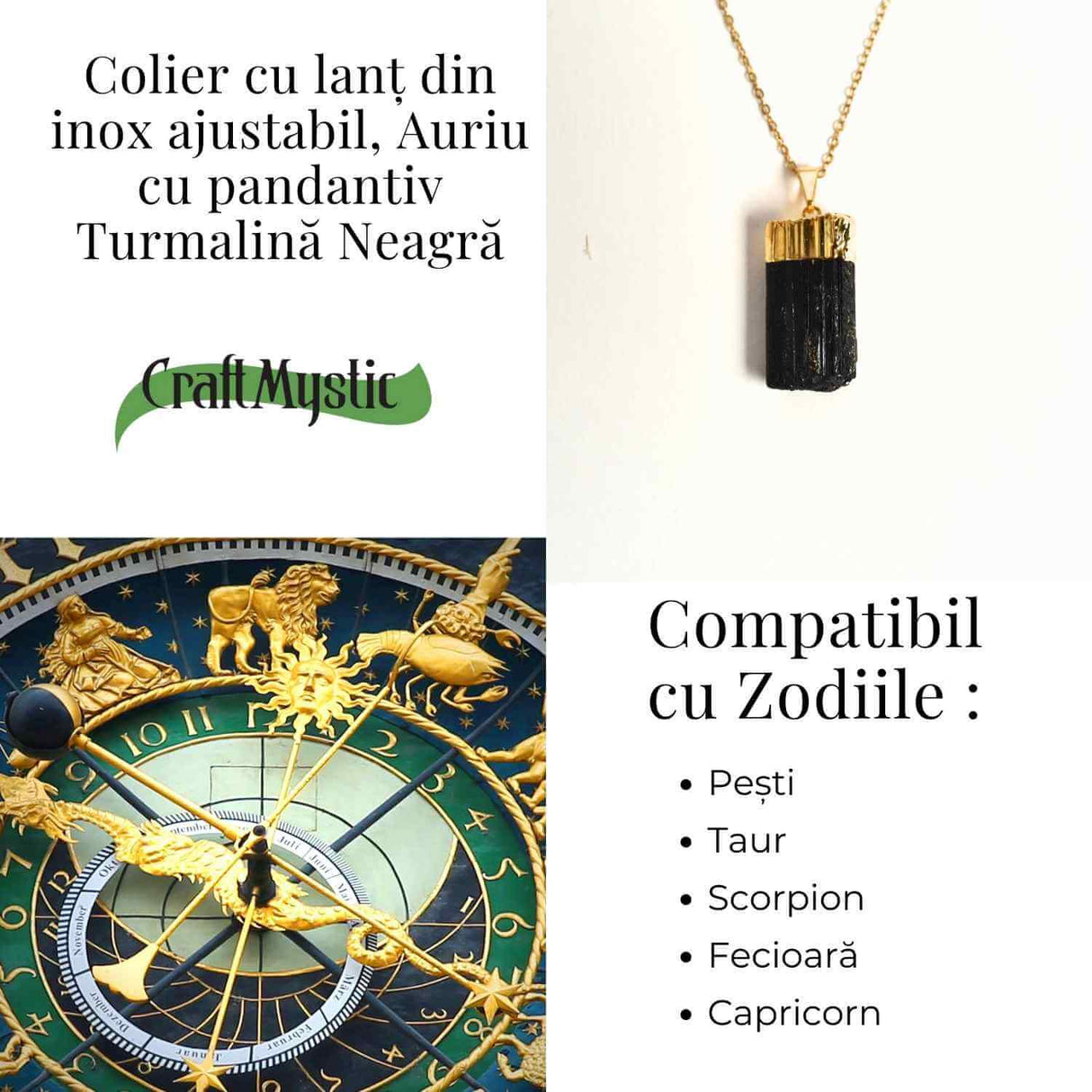 Colier auriu cu pandantiv si Turmalina Neagra cu lant inox – Protectie si Eleganta Naturala