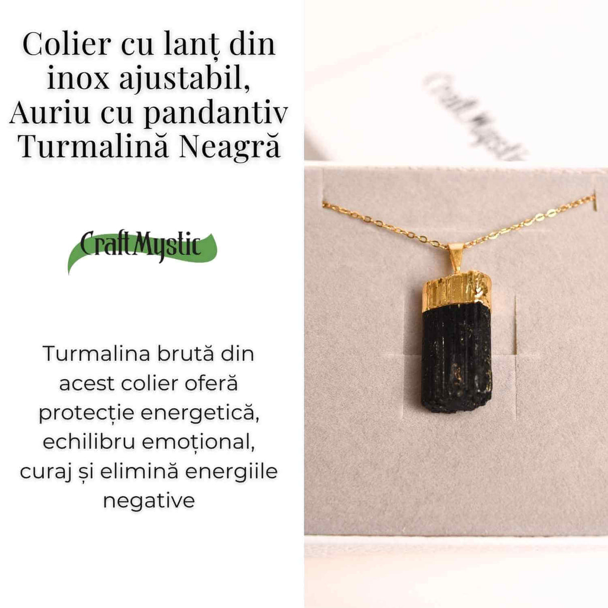 Colier auriu cu pandantiv si Turmalina Neagra cu lant inox – Protectie si Eleganta Naturala