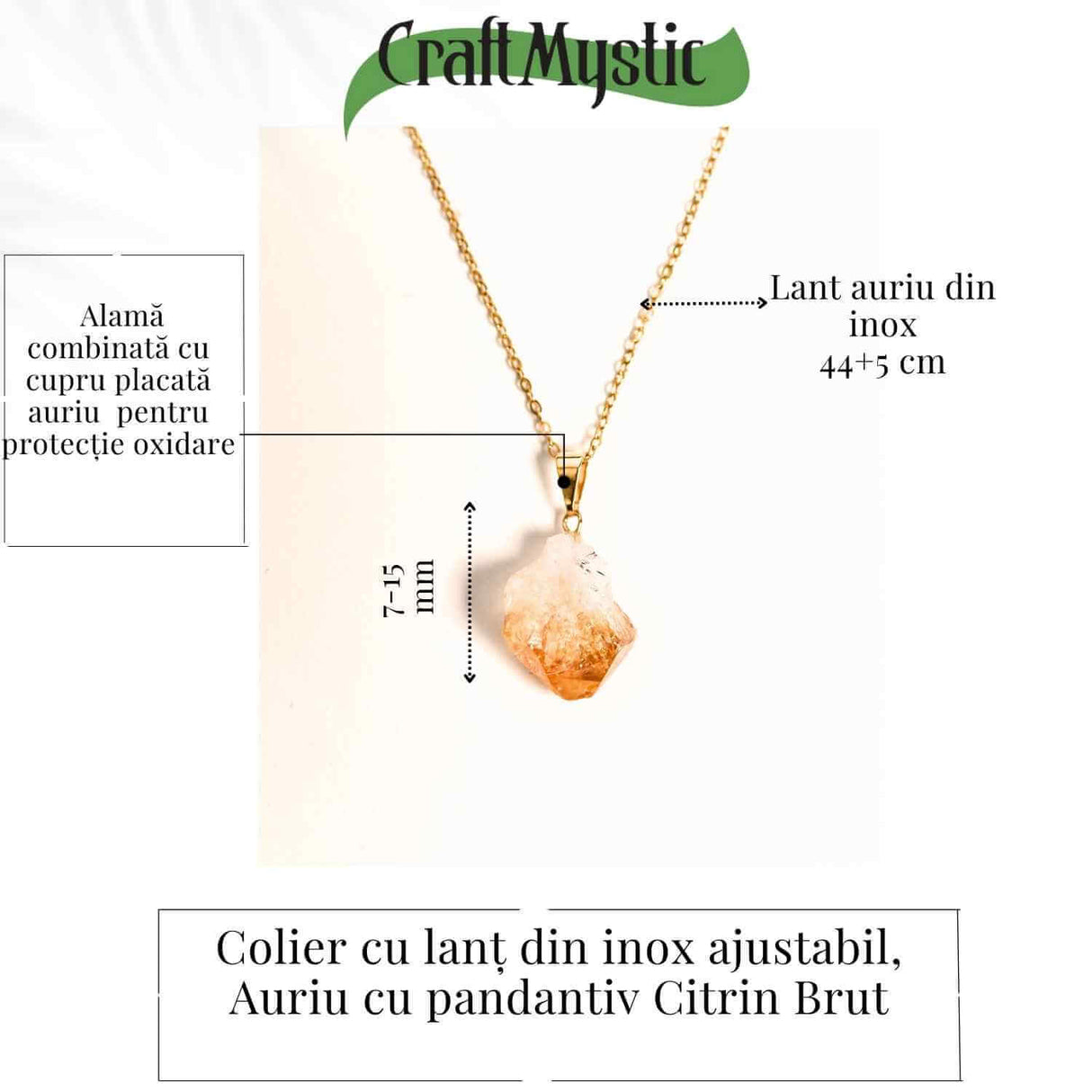 Colier auriu cu pandantiv citrin brut – Energie si Prosperitate