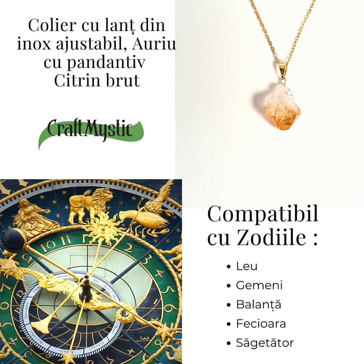 Colier auriu cu pandantiv citrin brut – Energie si Prosperitate