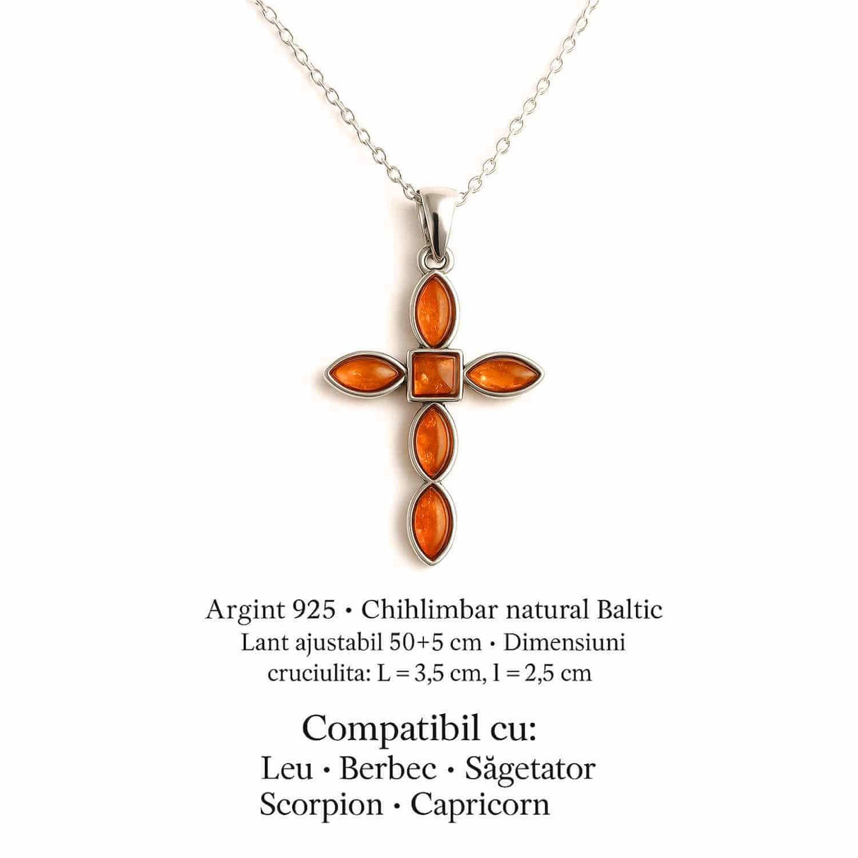 Colier cruce cu chihlimbar si montura argint 925 – Simbol sacru al puritatii si credintei