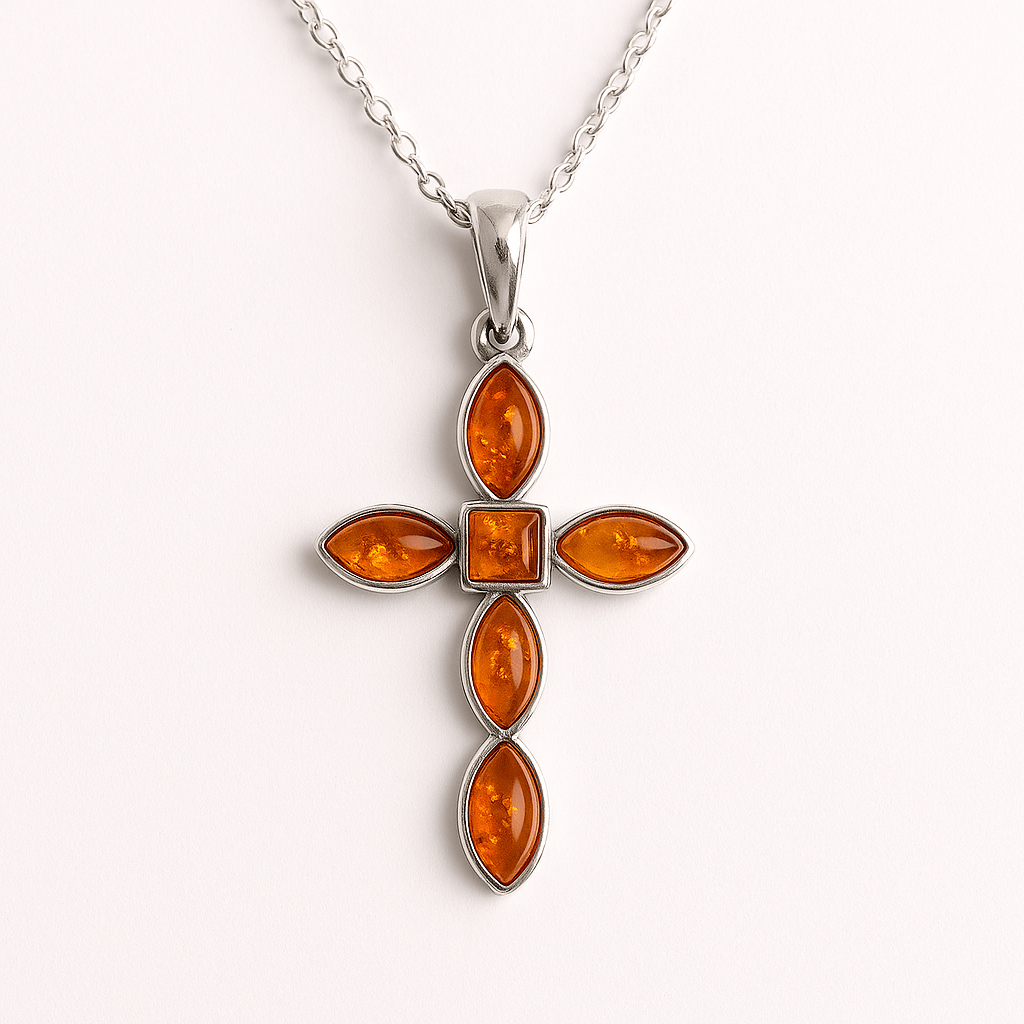 Colier cruciulita cu chihlimbar si montura argint 925 – Simbol sacru al puritatii si credintei