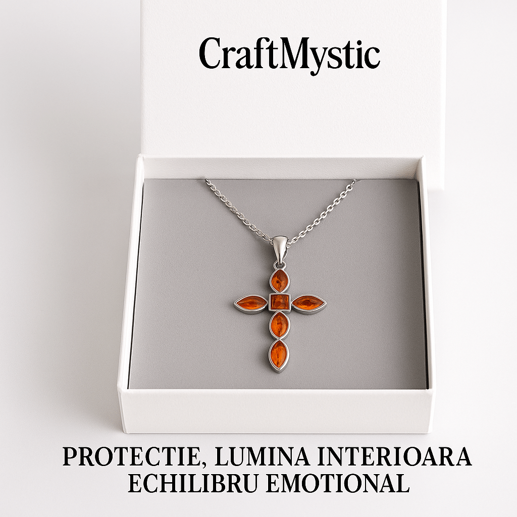 Colier cruce cu chihlimbar si montura argint 925 – Simbol sacru al puritatii si credintei