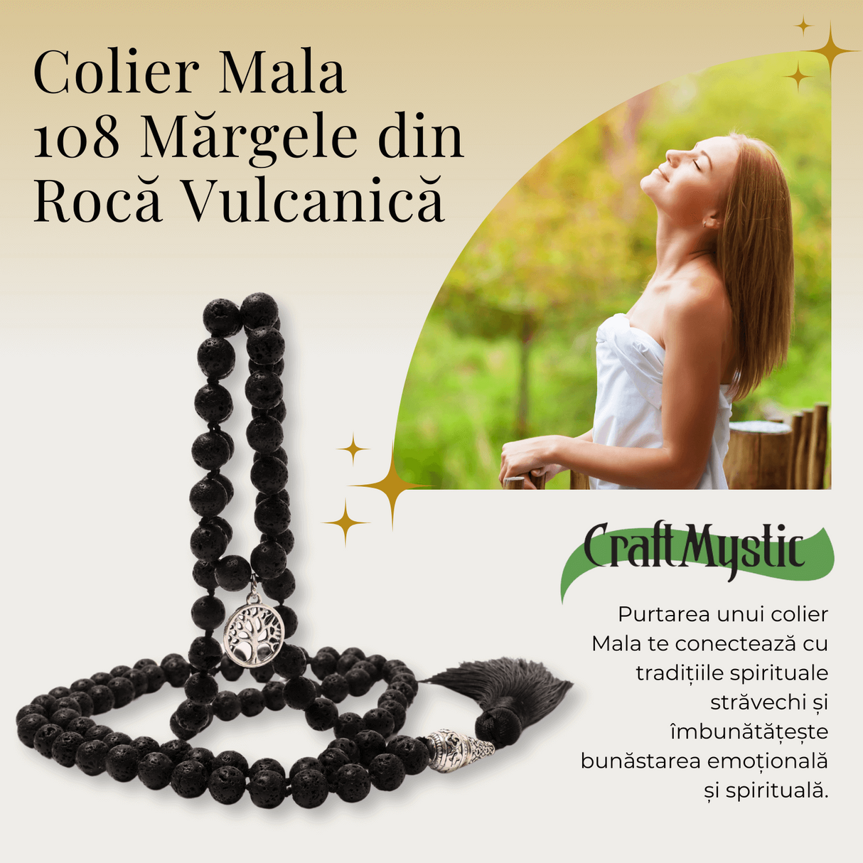 Colier Mala din Roca Vulcanica Naturala 8MM cu 108 margele