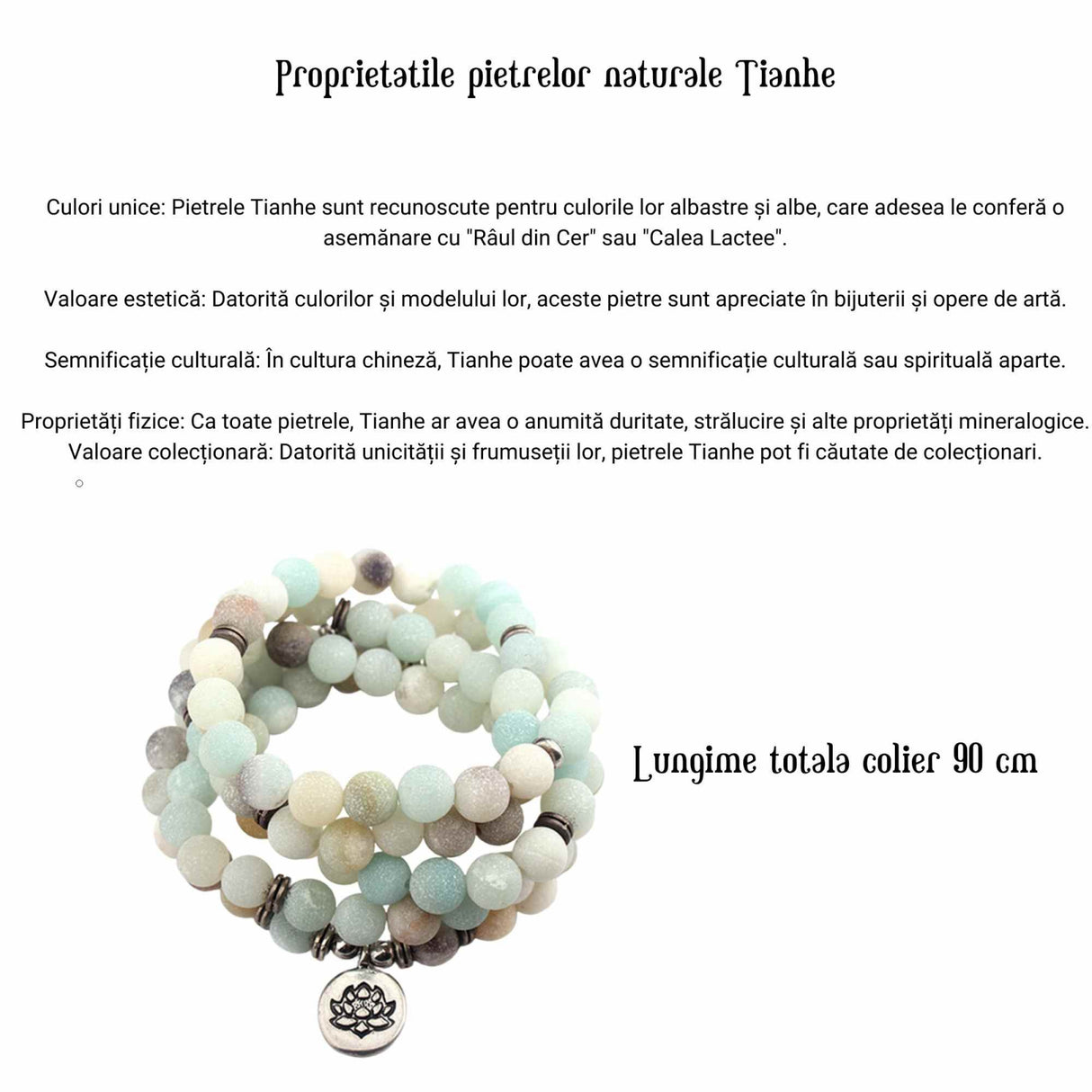 Colier - Bratara Mala cu 108 Margele 8mm din Pietre Naturale Tianhe Claritate Mentala, Protectie energii negative