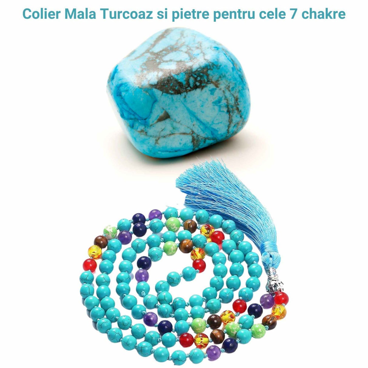 Colier Mala cu Turcoaz si 7 Chakre Colier Autentic din Jad, Piatra Sacralizata pentru Echilibru si Liniste